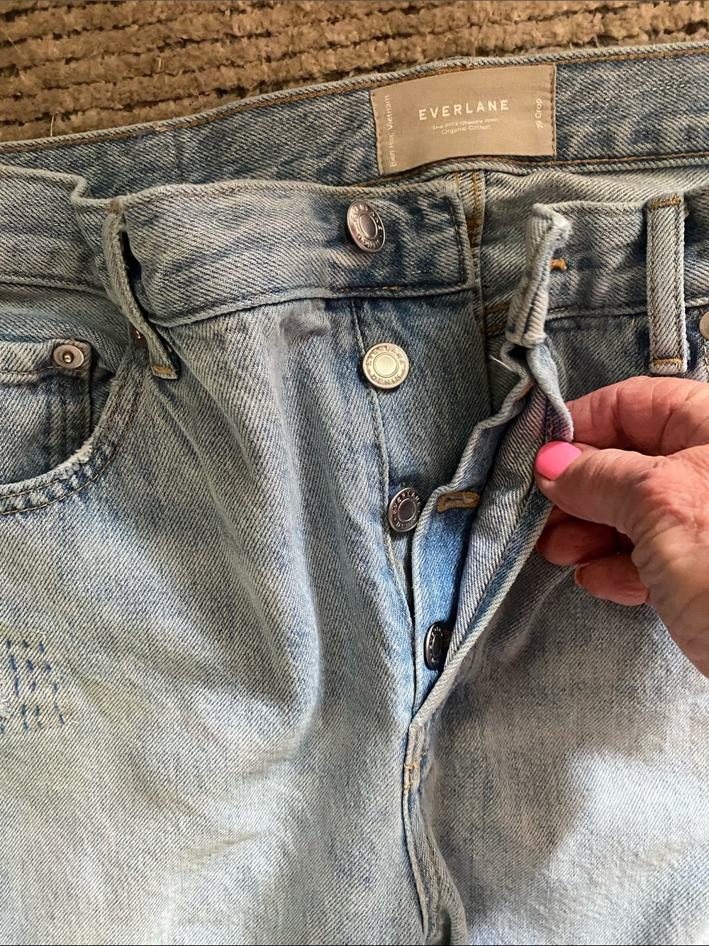 Everlane Two-Tone Patch and hand stitch mend cropped  Jeans - Picture 3 of 10